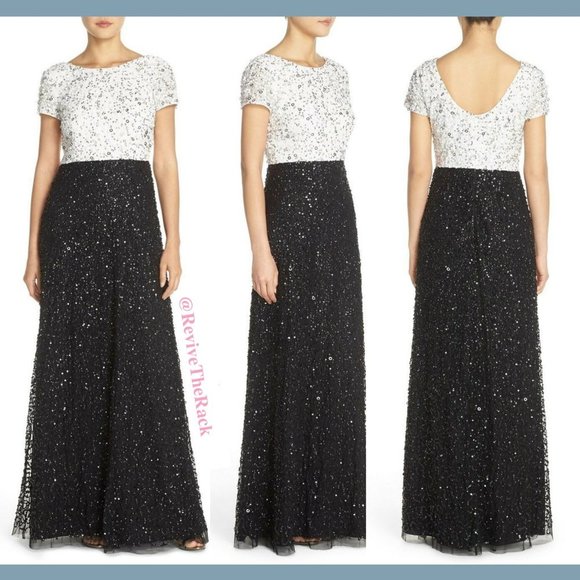 NWT Adrianna Papell Sequin Colorblock Gown‎ in Black/White/Silver [SZ 6 ] - Picture 1 of 12